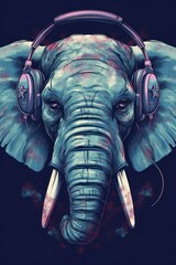 Obraz premium Illustration of a elephant wearing headphones and enjoying music. Generative ai.
