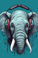 Illustration of a elephant wearing headphones and enjoying music. Generative ai.