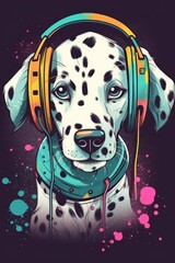 Illustration of a dog wearing headphones and enjoying music. Generative ai.	