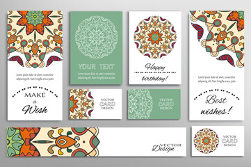 Big set of greeting Cards or wedding Invitations. Postcards template with inscription Make a Wish, Best Wishes, Happy Birthday. Banner, business cards with mandala ornament. Isolated design elements