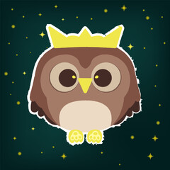 Bright and colorful fluffy night owl in a crown. Dark sky illustration, cartoon styled simple desigh. Mysterious nighttime vector art, textile design, postcard design