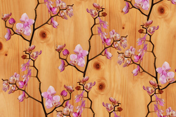Pattern of pink orchids and plank wooden background