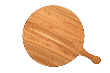 Round empty wooden charcuterie serving board with handle. The object is isolated on a white background. View from above. Top view. Template with copy space. Flat lay, mockup. Layout, frame.