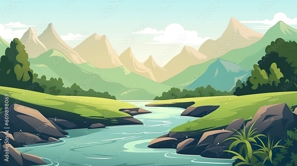 Poster background river winding through hills. abstract background with a illustration and banner design of