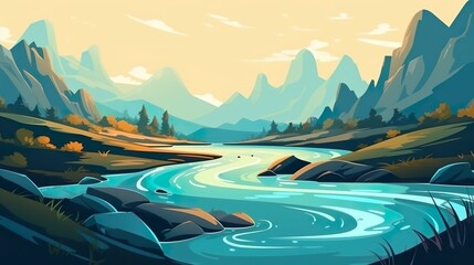 Obraz premium Background river winding through hills. Eye-catching banner design featuring an illustrated river winding its way through picturesque hills. Generative AI.