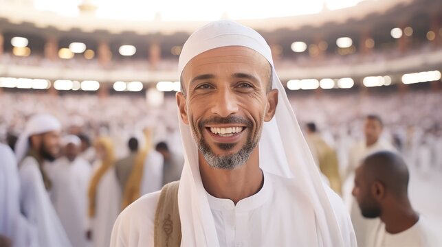 Muslim man standing in front of the kaaba, view of the kaaba in Mecca and bustling Muslim people, Generative AI