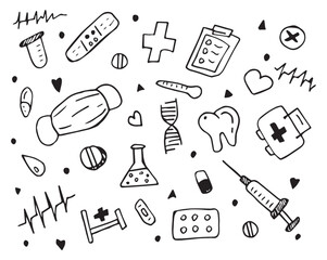 a set of doodle icons on the theme of medicine in the style of doodle art. vector graphics. black and white drawing. doodle art. light drawing. icon. on a white background.