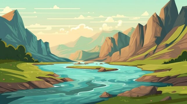 Background river winding through hills. illustration of a serene river winding through beautifully depicted hills, perfect for various banner design. Generative AI. © Andrey