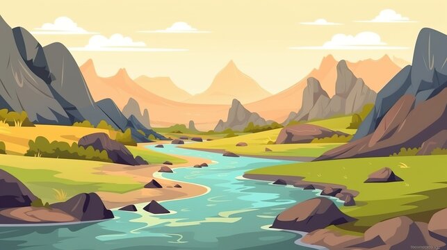 Background river winding through hills. Abstract banner design with an intricate illustration of a river gracefully navigating through hilly terrain. Generative AI. © Andrey