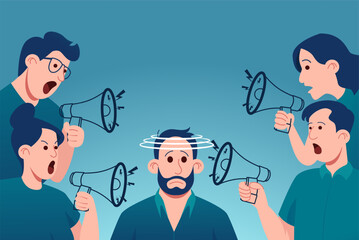 Vector of a group of people screaming in megaphones at a scared young guy