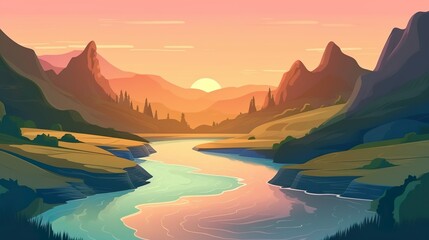 Fototapeta na wymiar Background river winding through hills. Detailed illustration in banner format depicting a river winding through scenic hills during a breathtaking sunset. Generative AI.