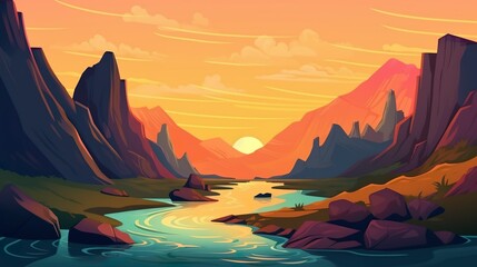 Fototapeta na wymiar Background river winding through hills. Captivating banner design with an intricate illustration of a river meandering through hills, capturing the beauty of a sunset. Generative AI.