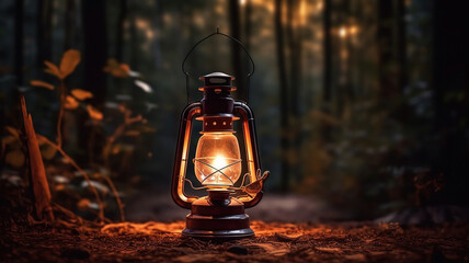Fototapeta na wymiar Vintage gasoline oil lantern lamp burning with a soft glow light in an dark forest. Generative Ai