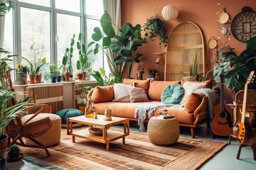 Trendy Boho Living Room. Generative AI