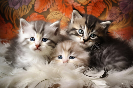 Three newborn kittens hidden in feathes