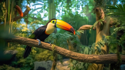 Fototapeta premium Toucan sitting on the branch in the forest. Generative Ai