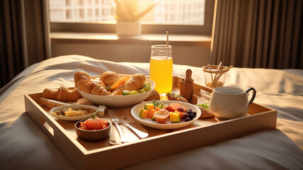 tray with breakfast food on the bed inside a bedroom. Generative Ai