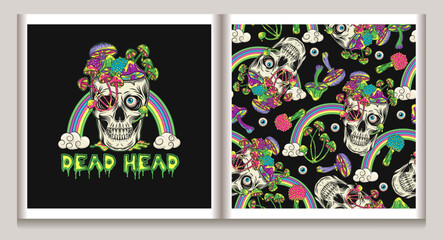 Pattern, label with rainbow, skull like cup full of mushrooms Crazy mad skull with single eye and growing through skull mushrooms Surreal illustration for groovy, hippie, mystical, psychedelic design
