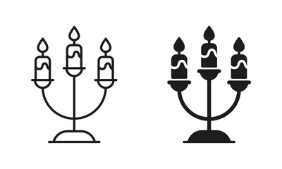 Candlestick with Burning Candles Line and Silhouette Black Icon Set. Decor for Halloween Pictogram. Candle Holder with Flame for Religion, Christmas, Hanukkah. Isolated Vector Illustration