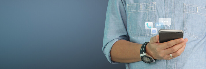 Man holding smartphone device  touching screen