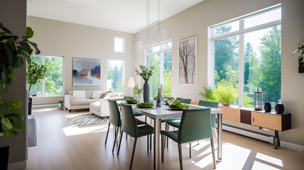 Fototapeta premium Dining room with wooden table and floor in modern apartment. Generative Ai