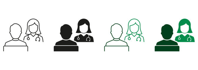 Health Care Symbol Collection. Psychotherapist Talk with Client. Patient and Doctor Consultation. Hospital Physician Counseling Patient Line and Silhouette Icon Set. Isolated Vector Illustration