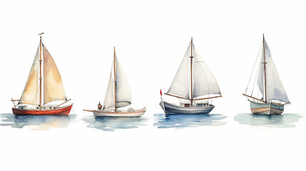 set, a collection of watercolor drawing of a boat with a sail. generative ai