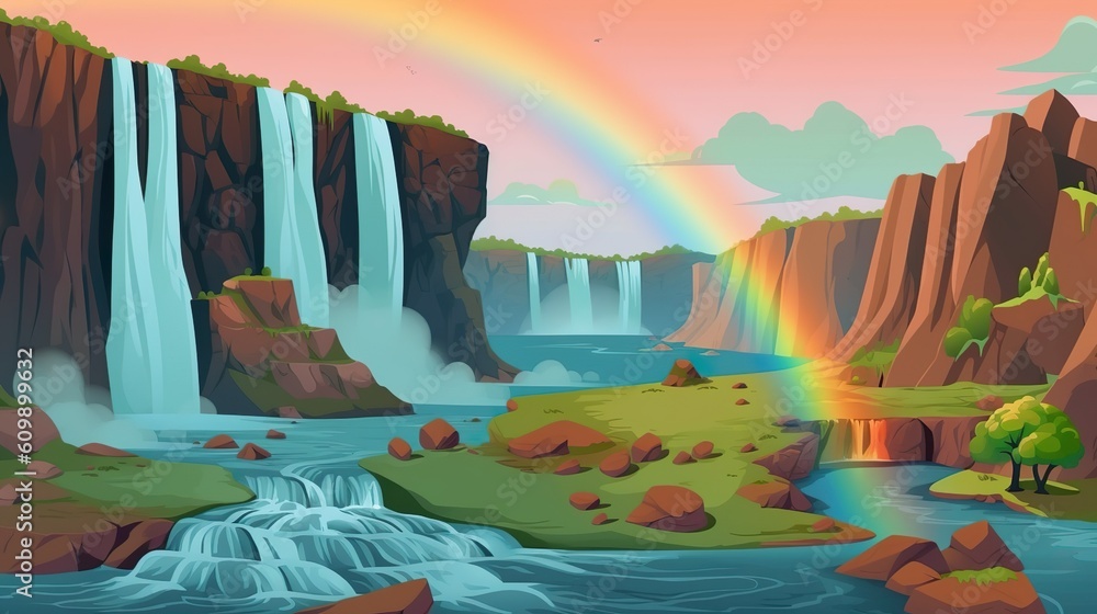 Poster background waterfall panoramic with rainbow. captivating banner design showcasing an illustrated pan