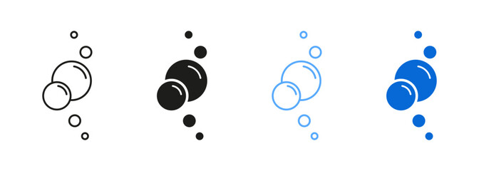 Effervescent Champagne, Clear Soda, Aquarium Sphere Drops Symbol Collection. Soap, Foam, Fizzy Drink Black and Blue Pictogram. Water Bubbles Line and Silhouette Icon Set. Isolated Vector Illustration