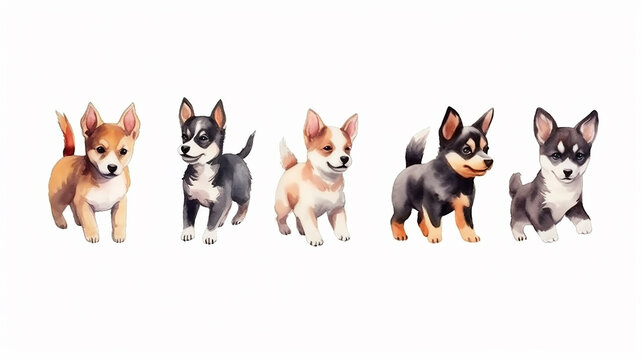 a group of cute watercolor puppies on a white background. generative Ai