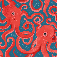 Seamless pattern of two red octopuses playing in the water, wriggling their tentacles