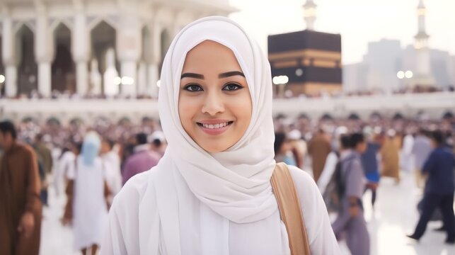 Muslim woman smiling to the camera with view of the kaaba in Mecca and bustling Muslim people, Generative AI