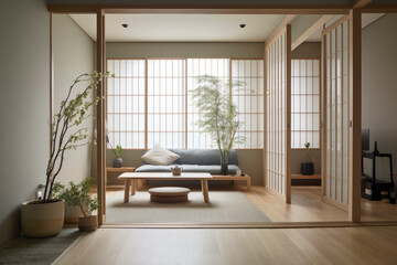 interior: Serene and harmonious space adorned with natural tones, sleek furniture, and tranquil ambiance, photo frame, sofa in warm tone, Asian style, AI