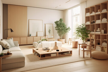 Naklejka na ściany i meble interior: Serene and harmonious space adorned with natural tones, sleek furniture, and tranquil ambiance, photo frame, sofa in warm tone, Asian style, AI