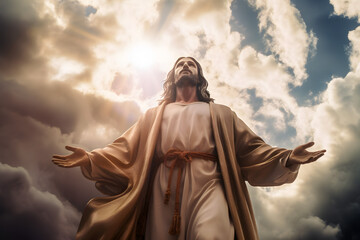 Jesus with raised hands appeared from the clouds and the sky with divine rays, risen coming. Generative AI.