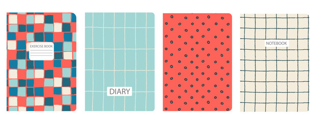 Set of cover bright page templates based on grid seamless patterns, spiral lines, plaid pattern. Plaid backgrounds for school notebooks, diaries. Headers isolated and replaceable