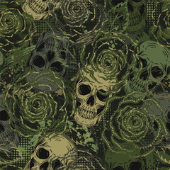 Khaki green camouflage seamless pattern with skulls, roses, splattered paint, halftone shapes. Dense chaotic composition For apparel, fabric, textile, sport goods Grunge texture