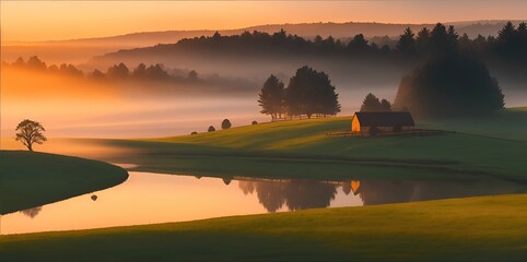 Natural landscape, foggy morning over green fields.