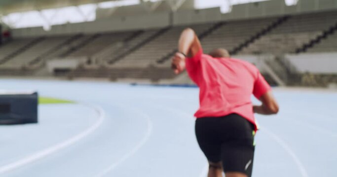 Running, relay sports and baton for race track, sprint and fitness marathon of olympic athlete in stadium. Hands, runner and holding bar for fast action, competition training and teamwork challenge
