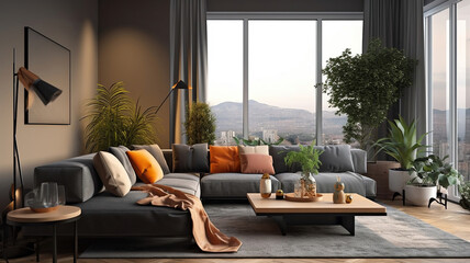 The Stylish Spacious Luxury Interior Design of Living Room with Design Gray Sofa, Coffee Table, Decoration, Pillows in Modern Home Decor. Modern Living Room. Generative Ai