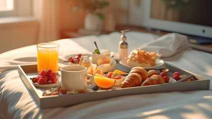 tray with breakfast food on the bed inside a bedroom. Generative Ai - obrazy, fototapety, plakaty