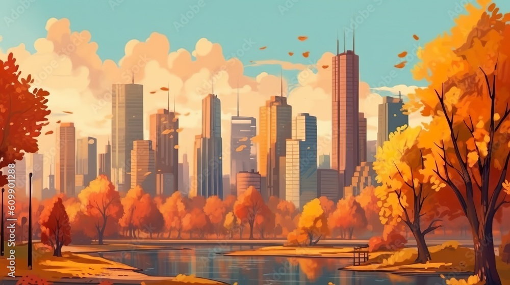Poster abstract background autumn skyscrapers. an artistic depiction of an autumn skyscrapers in format, co