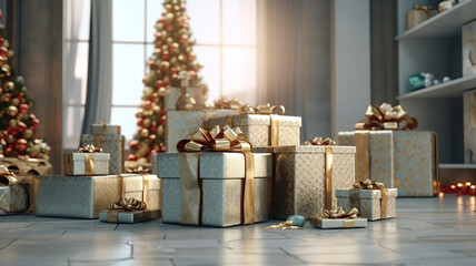 Composition of a christmas gift and new year's decoration on a light background with gerland lights. Generative Ai