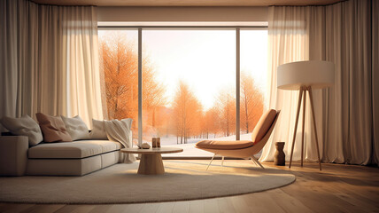 Modern furniture and window with curtains in stylish room interior. Generative Ai