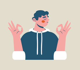 Fototapeta na wymiar Young man in hoodie shows ok gesture with hands. Clip art with cartoon cute boy with closed eyes. Funny illustration for poster, card, banner, sticker. Mental health support, self care concept. 