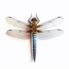 Dragonfly closeup isolated on white, macro of a living insect. AI generated.