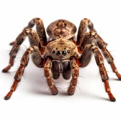 Spider tarantula closeup isolated on white, macro of a living insect. AI generated.