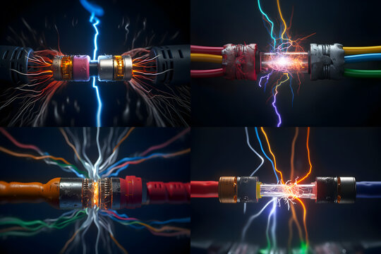 Two wires of the connector are connected to each other and an electric arc of spark current occurs between them. Generative AI.