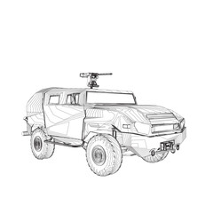 Army truck transportation for operation war vector design illustration. Truck in desert. Light armored car. Outline military SUV. Off-road vehicle. Vector image for prints, poster and illustrations..