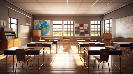 School classroom with school desks and blackboard. Generative Ai